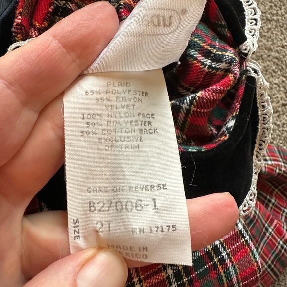 Vintage Bonnie Jean Red and Black Plaid Christmas Dress Velvet Trim lace - Picture 8 of 11